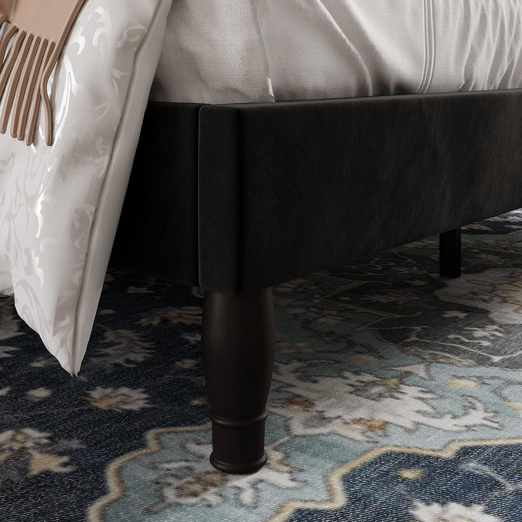 King Bed Frame with Adjustable Velvet Tiara Headboard, Upholstered Diamond Button Tufted Platform Bed