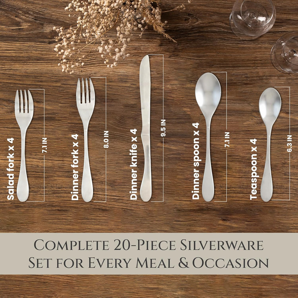 Silverware Set - 20-Piece Matte Silver Cutlery set - Ergonomic Design Utensil sets