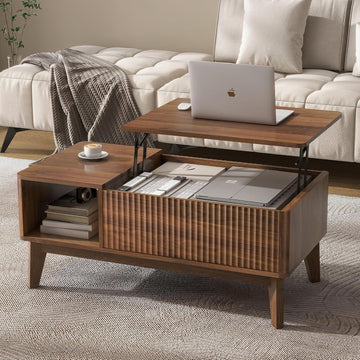 Fluted Lift Top Coffee Table with Storage, Modern Coffee Table（Walnut）