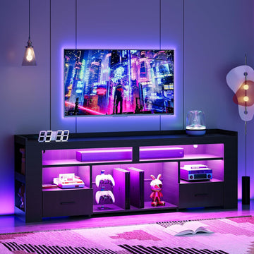 TV Stand for 75 Inch TV, Carbon Fiber Entertainment Center with 2 Drawers, Charging Station & RGB LED Light, Gaming