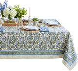 Clover Blue 100% Cotton Rectangle Fall Tablecloth, Handblock Floral Linen Table Cloth Dining Table I