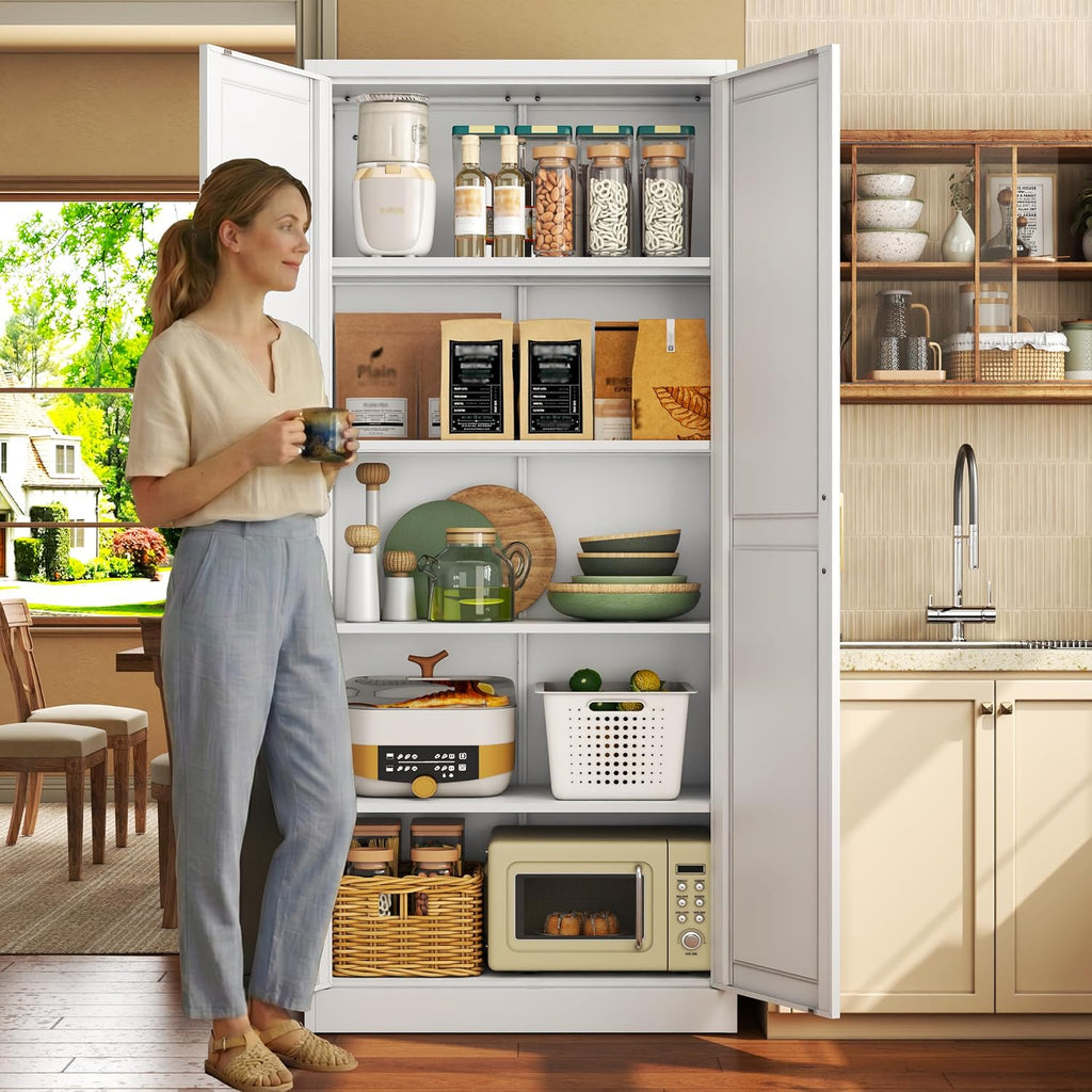 71" Metal Pantry Cabinet,Storage Cabinet with Doors and Shelves | Freestanding Cupboard, Gold Handles, Adjustable