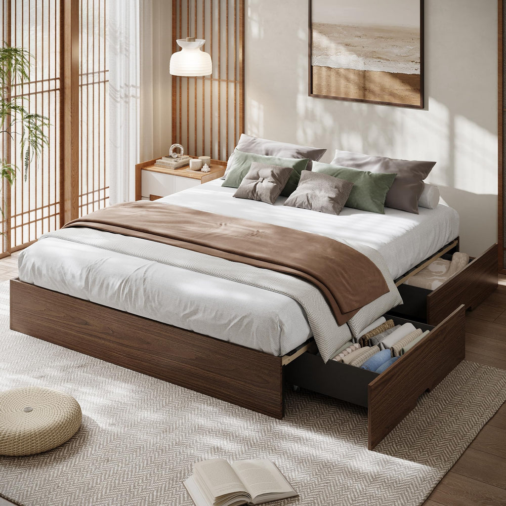 Wood Platform Bed Frame, California King Bed Frame with 2 Drawer