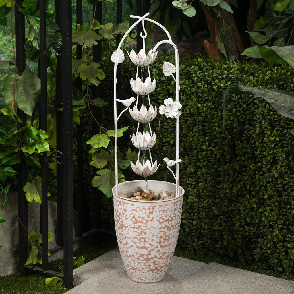30" Tall Metal Rustic Water Fountain with Decorative Flower, Cascading Waterfall Feature for Gardens, Patios