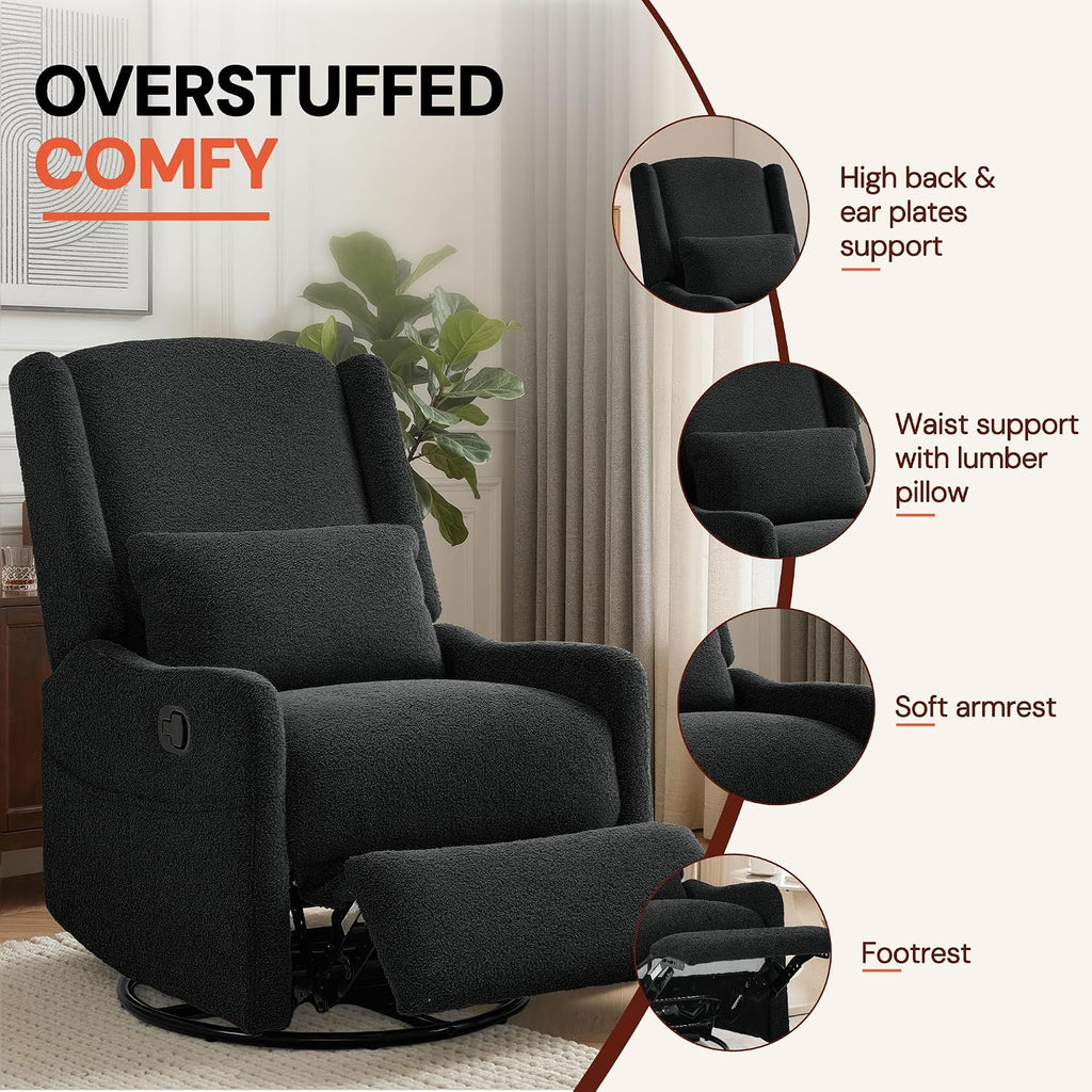 Glider Recliner Rocking Chair, 360° Swivel Boucle Nursery Chair, Comfy Upholstered Recliner,Black