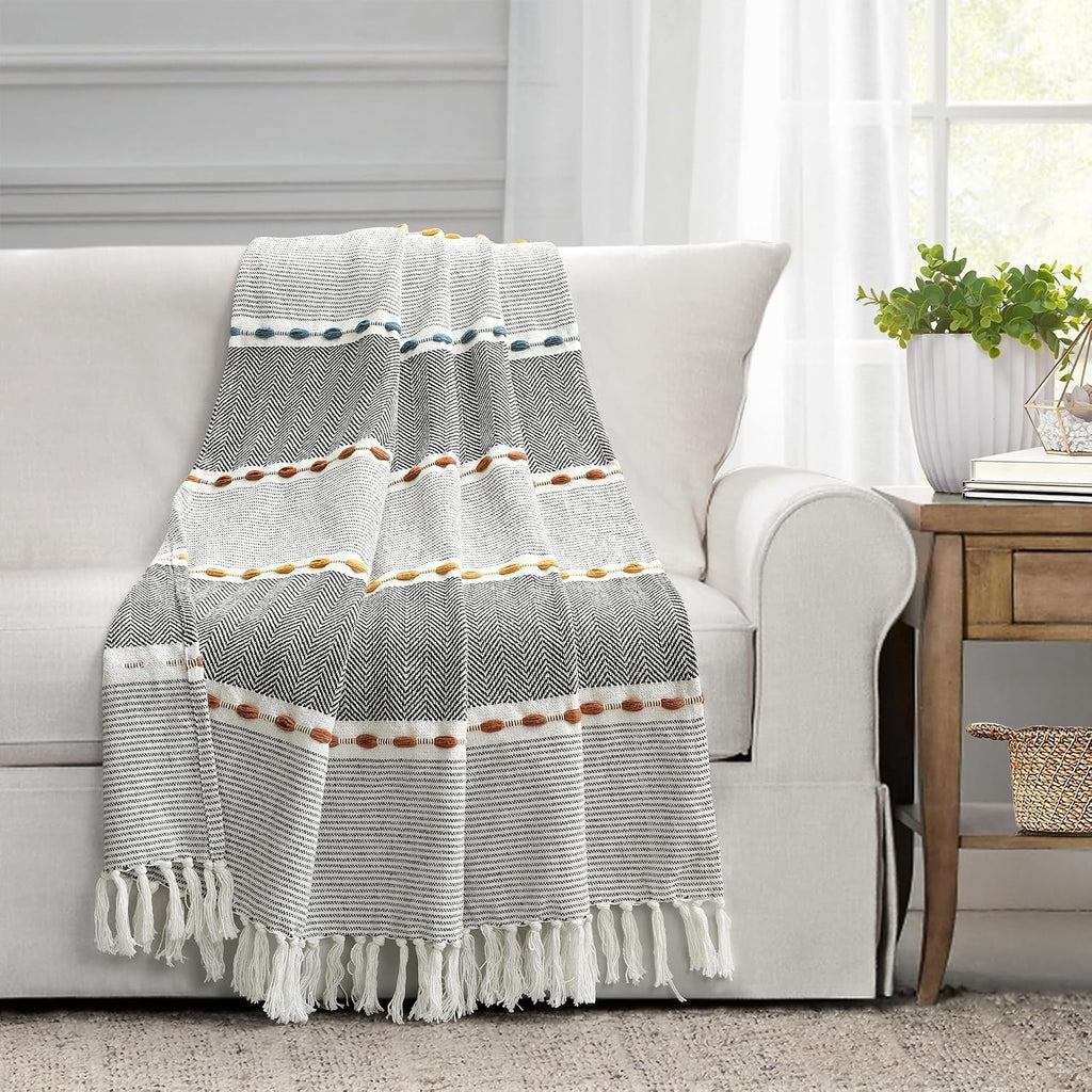 Herringbone Stripe Woven Tassel Yarn Dyed Cotton Throw Blanket 50" W x 60" L Black & Multi - Striped Throw Blankets