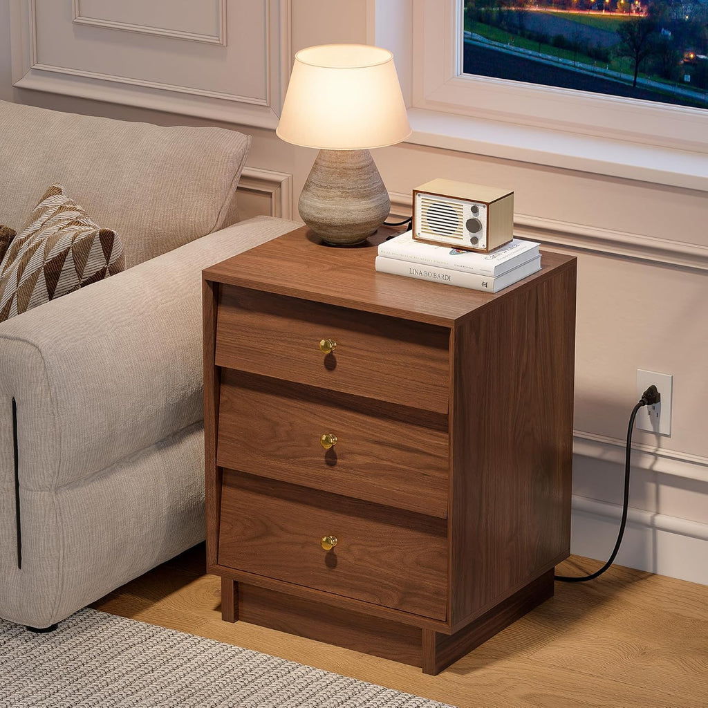 Nightstand with 3 Drawers and Charging Station, Mid Century Modern Bedside Table, 19" Wide Wood End Table with