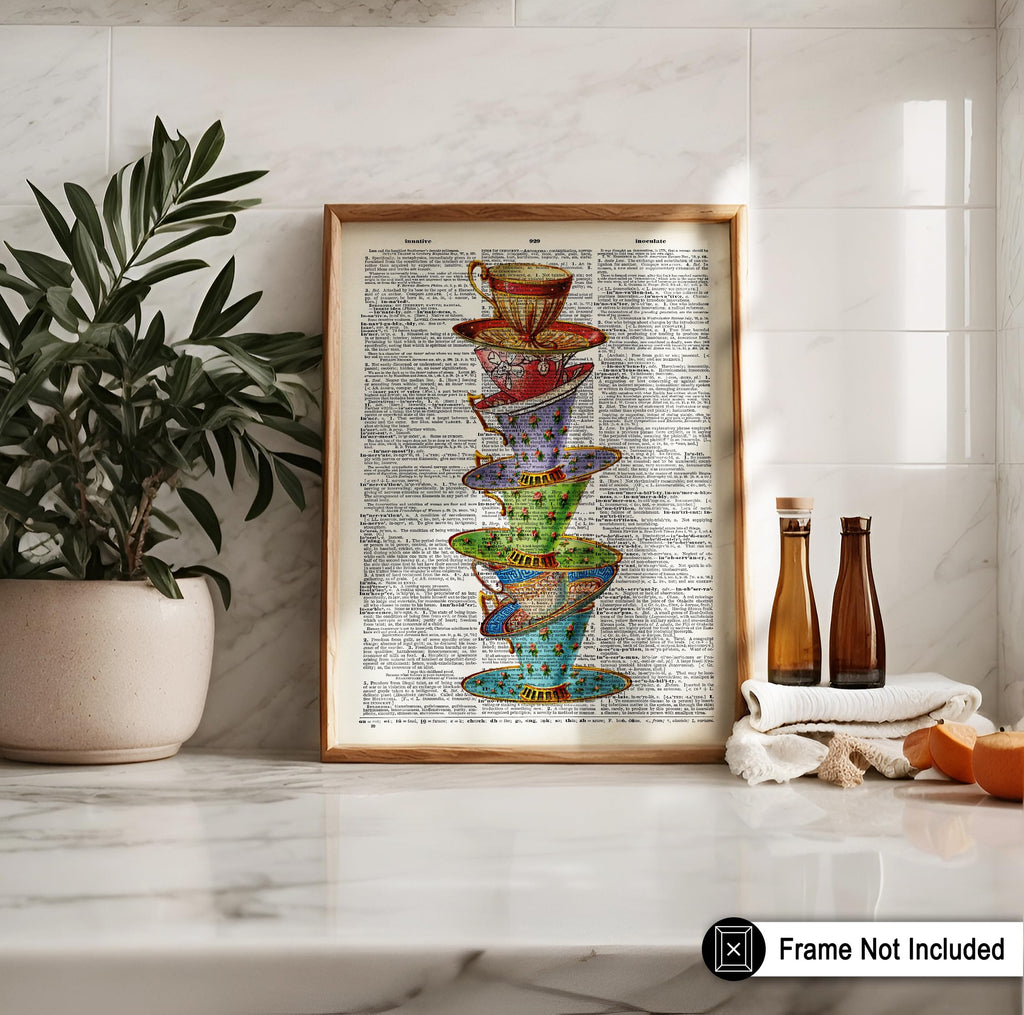 Dictionary Art Poster - Stacked Teacups Print - Victorian Tea-Cup Art - Gift for Him, Her, Men, Women - Perfect Decor