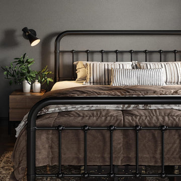 Queen Metal Platform Bed Frame with Victorian Style Wrought Iron-Art Headboard/Footboard, No Box Spring Required, Black