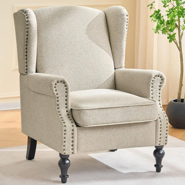 High Back Accent Chair, Upholstered Wingback Arm Chair with Vintage Wood Legs, Comfy Single Sofa Armchair Modern Side