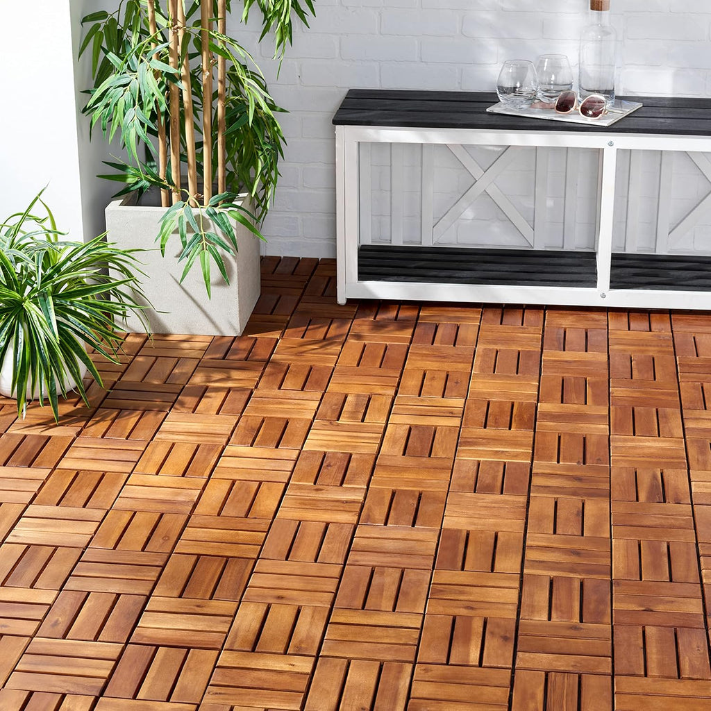Outdoor Collection Hanoi Natural Acacia Wood 12-Slat Interlocking Floor Tile Patio Deck 12 x 12-inch (Set of 10)