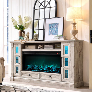 Farmhouse 70" Fireplace TV Stand for 80" TV, Antique Brush White