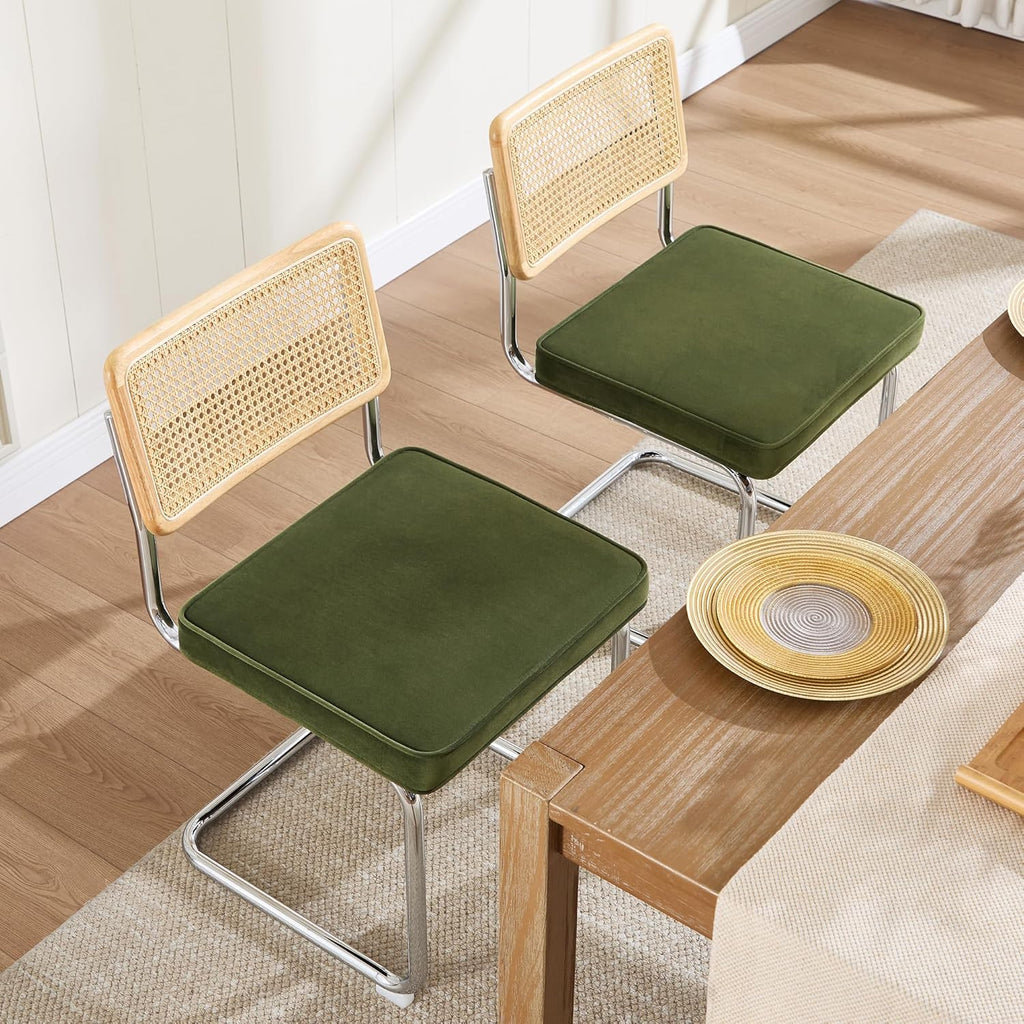 Natural Rattan Dining Chairs Set of 2, Olive Green Modern Kitchen Chairs with Solid Wood Back & Chrome Base
