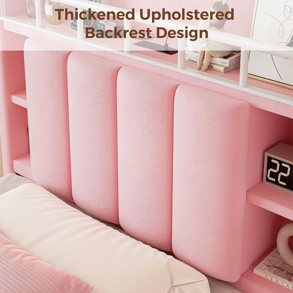 Twin LED Bed Frame with Storage Headboard & 2 Storage Drawers, Princess Velvet Upholstered Bed with Vertical Tufted