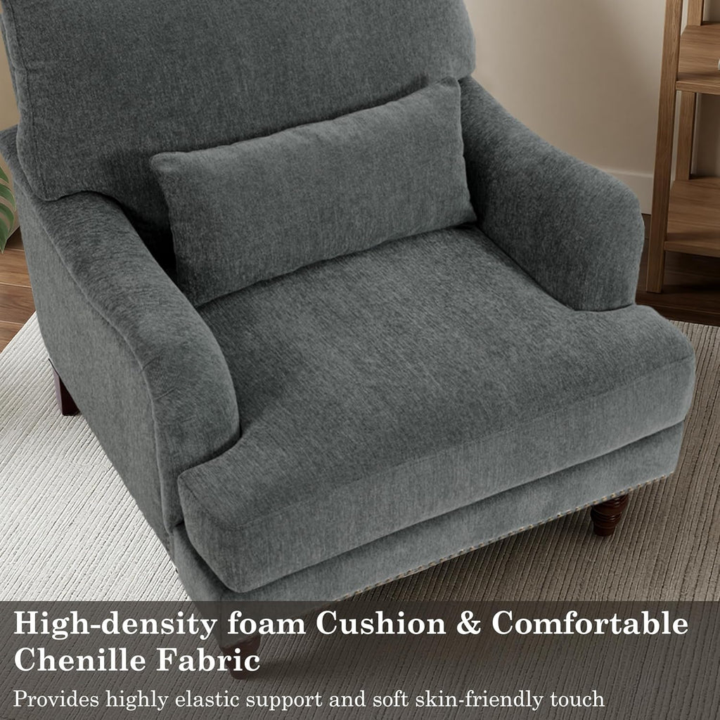 Accent Chair , Upholstered Armchair with Nailhead Trim & Solid Wood Legs, Mid Century Modern Chenille Club Chair