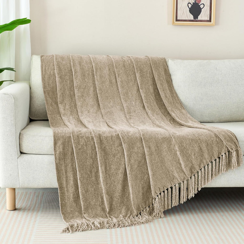Chenille Throw Blanket,50"X60" Soft Cozy Lightweight Knitted Boho Decorative Blankets,Taupe