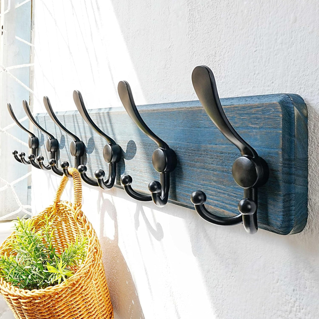 Coat Rack Wall Mounted - 24" Long 6 Tri Hooks, Heavy Duty Wooden Wall Coat Hanger Coat Hook for Clothes Hat Jacket