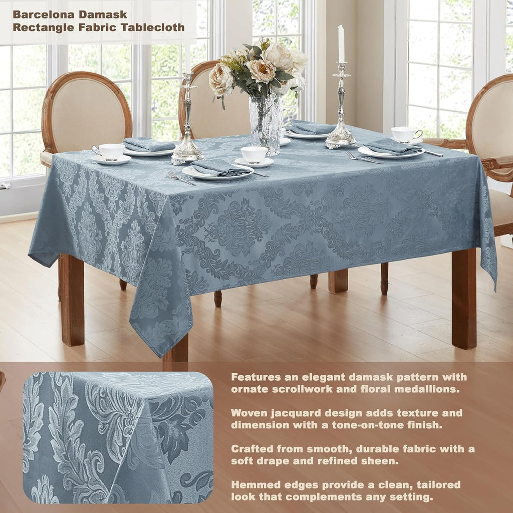 Barcelona Damask Fabric Tablecloth, 60 x 84 Inch Rectangle, Blue - No Iron, Soil Resistant Table Cov