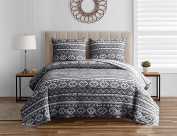 Desert Stripe Dark Grey 3-Piece Soft Matelasse Jacquard Quilt Set