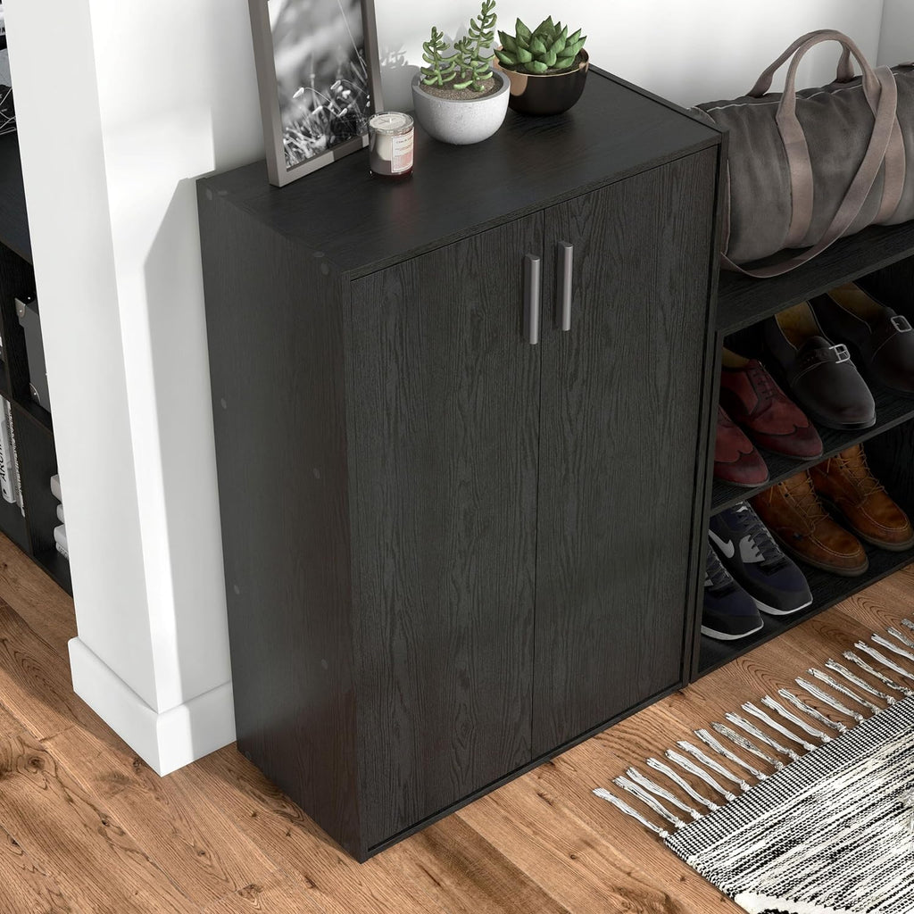 3-Tier Stackable Wood Bookcase with Doors, Cube Storage Organizer Shelves, Small Food Pantry Cabinet