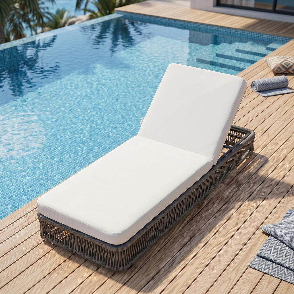 Outdoor Chaise Lounge Chair, Gray Woven Rope Patio Recliner with 5-Position Adjustable Backrest, Pool Sunbathing