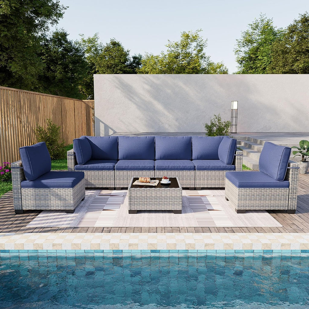 Outdoor PE Wicker Rattan Modular Patio Sectional Sofa Set | 7-Piece: 6 Modular Seats & Coffee Table with Thick