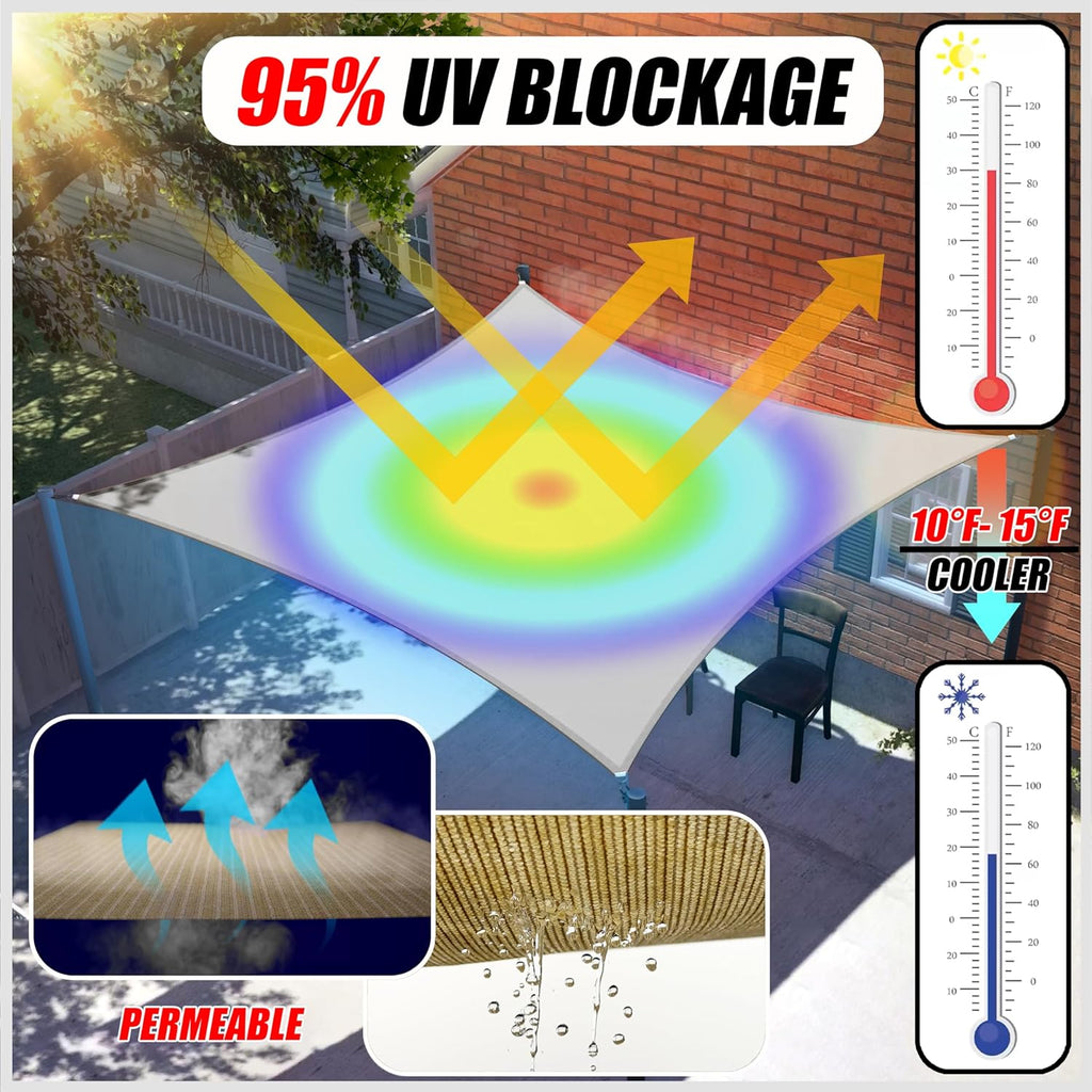 10' x 20' Beige Sun Shade Sail Rectangle Canopy Fabric Cloth Screen, Water Permeable & UV Block UPF50, Heavy Duty