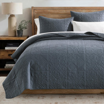 100% Cotton Quilt Patchwork, Steel Blue Farmhouse Cotton Bedspread Coverlet, Pre-Washed Soft Breathable