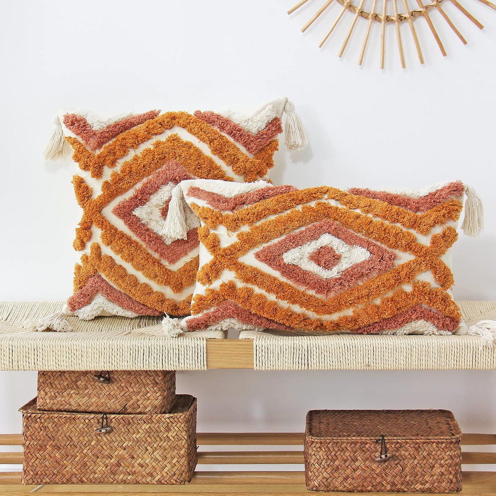Boho Lumbar Throw Pillow Covers with Handmade Tassels Decorative Woven Tufted Orange Lumbar Pillowcase