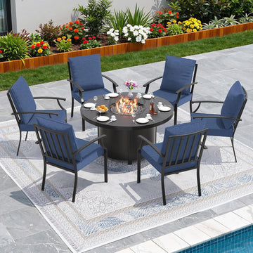 7 Piece Metal Outdoor Patio Furniture Set with 48" Round Fire Pit Table, Patio Conversation Sets 6 Fixed Chairs with