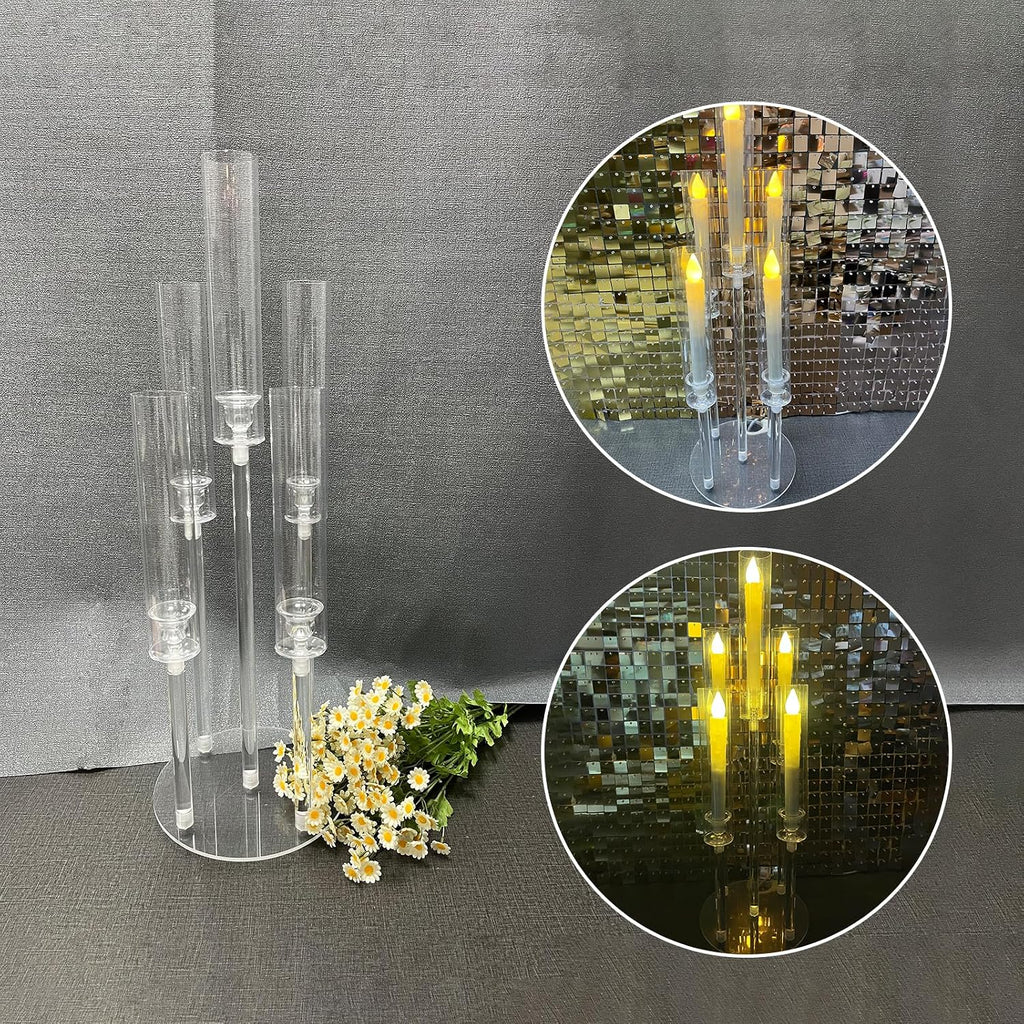 Clear 5 Arms Candlesticks Holder with Acrylic Shade,26'' Tall Acrylic Candelabra Centerpieces for Candlelight Dinner