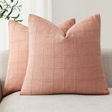 Boho Linen Check Decorative Throw Pillow Covers 22×22 Coral Pink