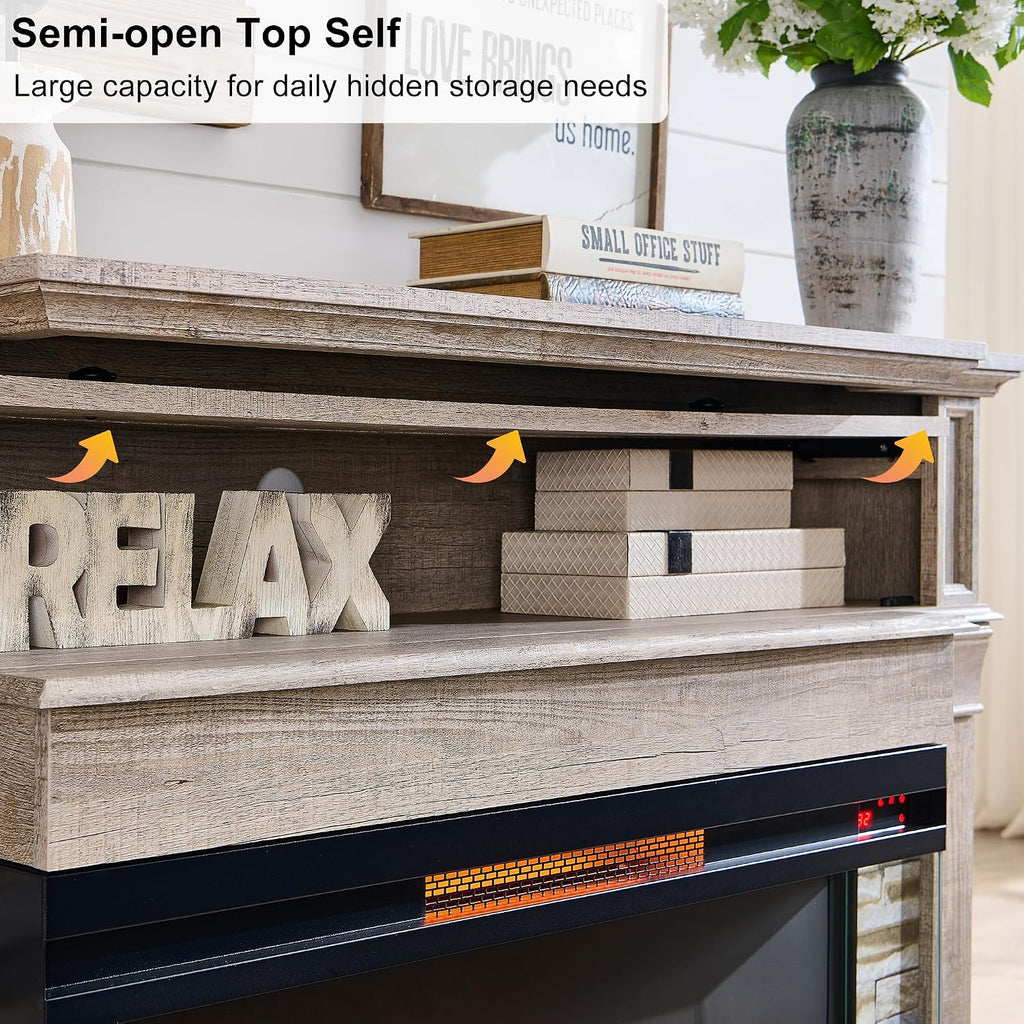 52" Electric Fireplace with Mantel, Freestanding Fireplace Heater TV Stand with 36" 3-Side Glass Insert for TVs Up to 65" with Storage Cabinet for Living Room, Light Rustic Oak