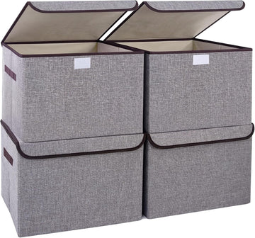Large 22 Quart Linen Fabric Foldable Storage Bin Cube Organizer Basket with Flip-Top Lid & Handles, Clothes Blanket