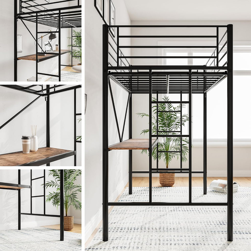 Metal Loft Bed with Desk & 2 Built-in Ladders,Safety Guard Rail, Space-Saving Design, No Box Spring Needed, Twin Black