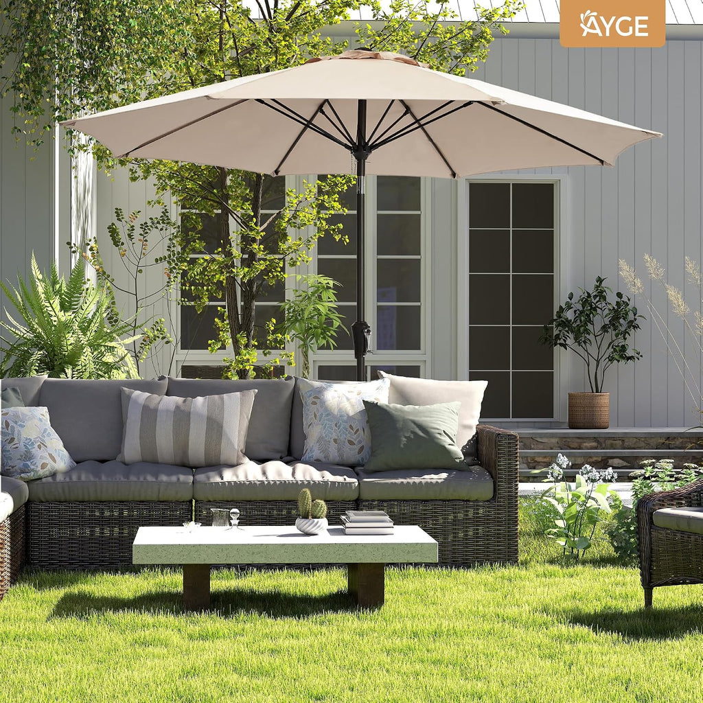 9FT Large Outdoor Patio Umbrella Market Table Umbrella-UV Resistant, Easy Push Button Tilt and Crank - Beige