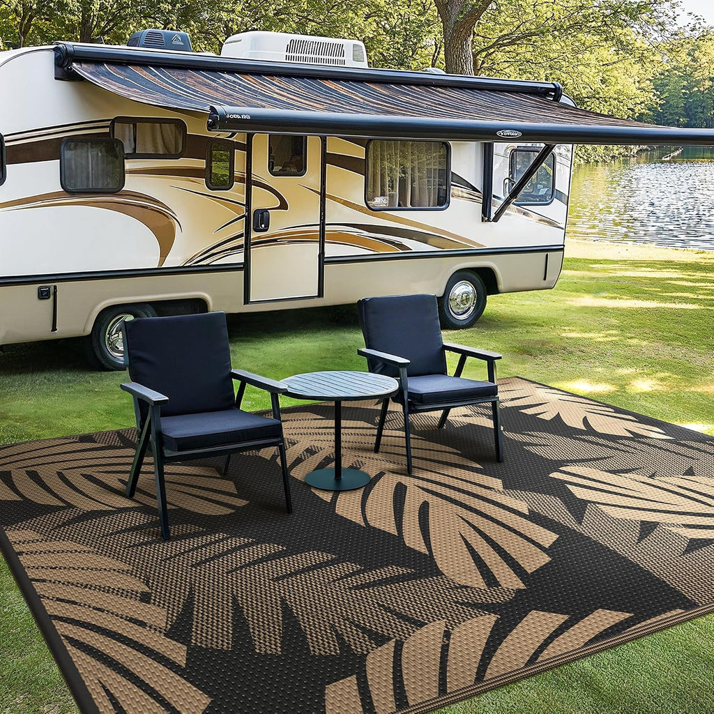 Outdoor Rug, Waterproof Plastic Rugs, 9'x12' Black Brown