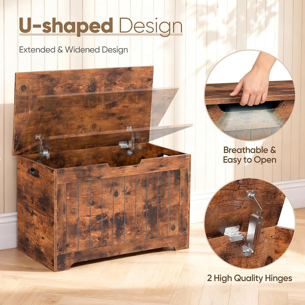 Storage Chest, 30 inches Chest Box Organizer with 2 Safety Hinges, Wooden Entryway Storage Bench, Rustic Brown