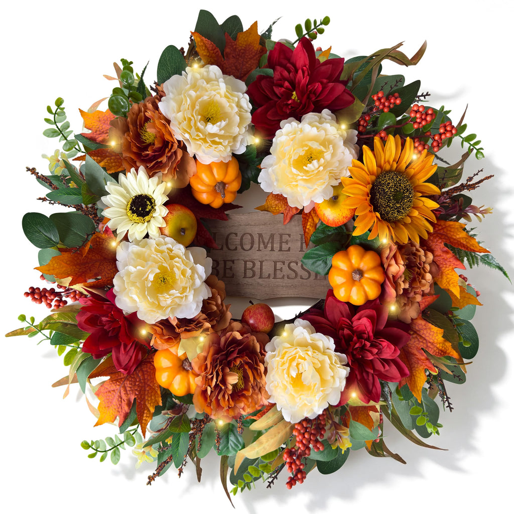 26'' Fall Wreath for Front Door with Light and Timer, Thanksgiving