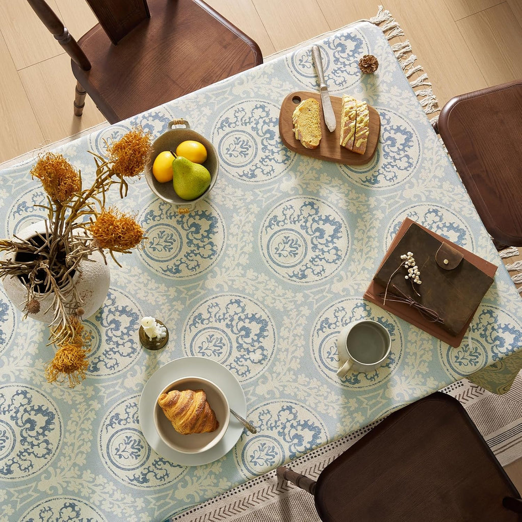 Vintage Blue Printed Tablecloths Rectangular: Floral Linen Farmhouse Table Cloth - Damask Patterned 