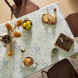 Vintage Blue Printed Tablecloths Rectangular: Floral Linen Farmhouse Table Cloth - Damask Patterned 