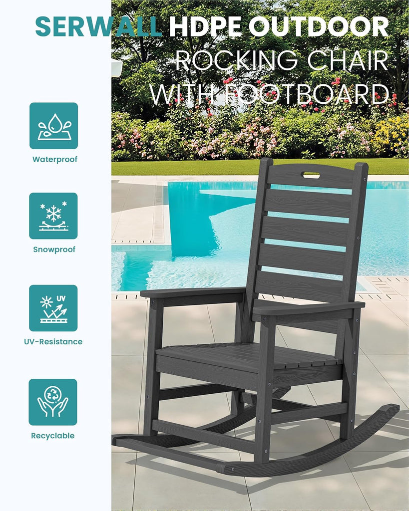 2-Pc Rocking Chair Set with Footboard, HDPE, 350lbs Cap, Gray | Oversized HDPE Rocking Chair with Footrest for