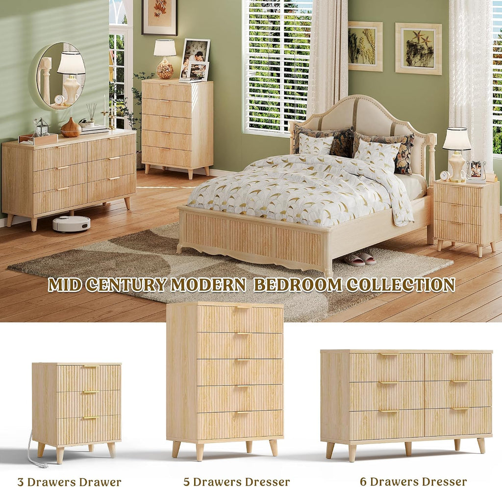 Dresser Wood Tall Dressers Drawers, Fluted Modern Dresser 5 Drawers Natural