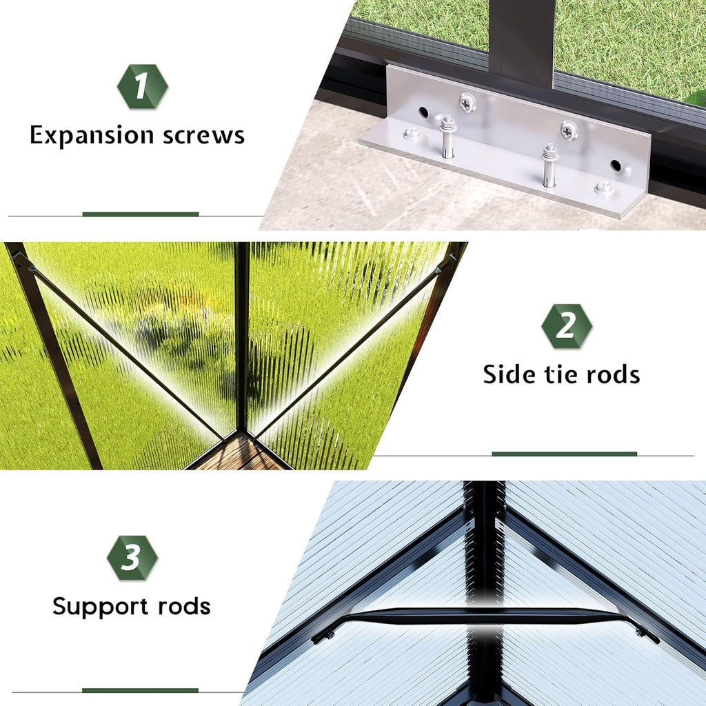 6x12 FT Walk-in Polycarbonate Greenhouse with 2 Top Windows