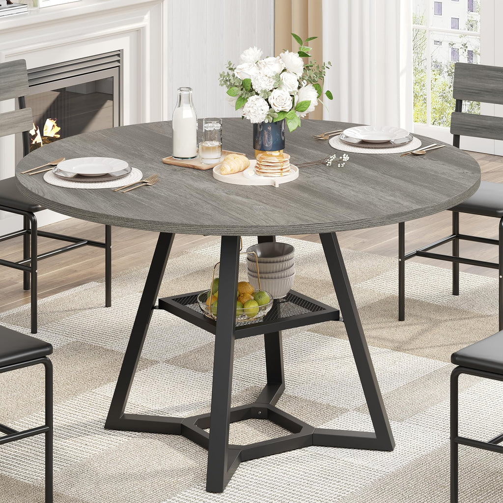 47" Round Dining Table for 4, Kitchen Tables Dining Room Circle Dinner Table with Pedestal Metal Frame, Space Saving