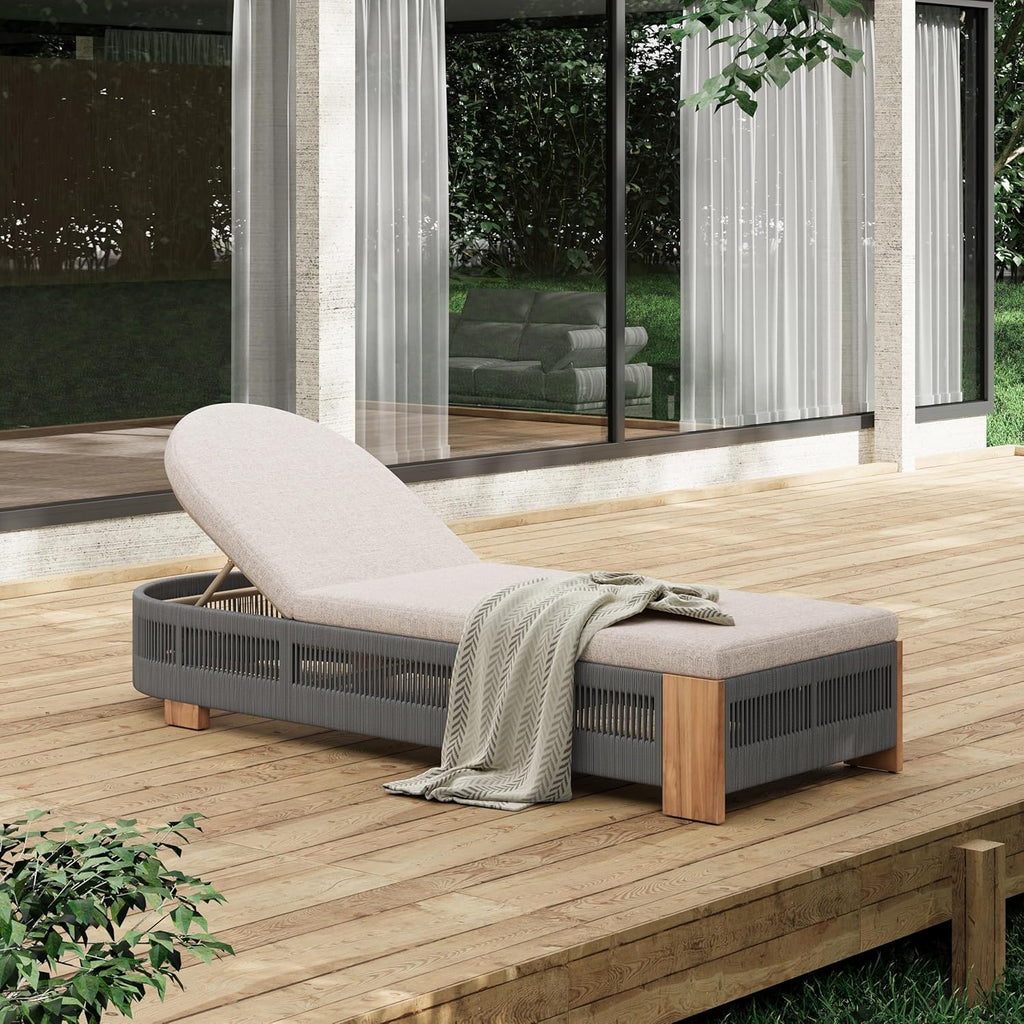 80" Rope Acacia Multi-Tilt Lazy Sleeper Chair, Patio Lounge Chaise with Water Resistant Cushion, Tanning Chaise Low