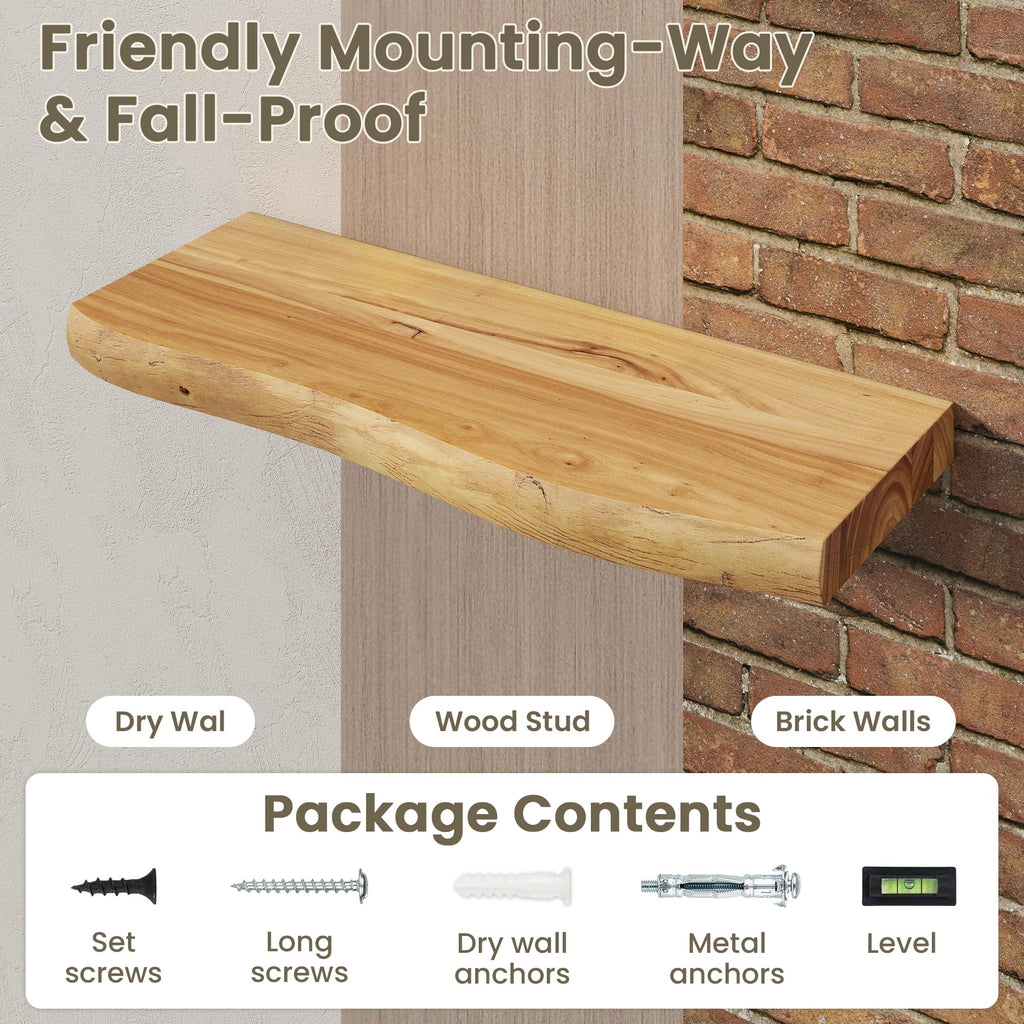 Solid Elm Wood Live Edge Floating Shelves for Wall, 36 x 8 Inch Rustic Wall Shelves Set of 2 with Invisible Brackets