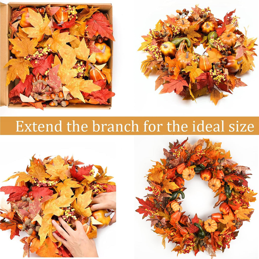 Fall Wreaths for Front Door 26 inch, Fall Door Wreath with Pumpkin, Maple Leaves Autumn Thanksgiving Harvest Festival