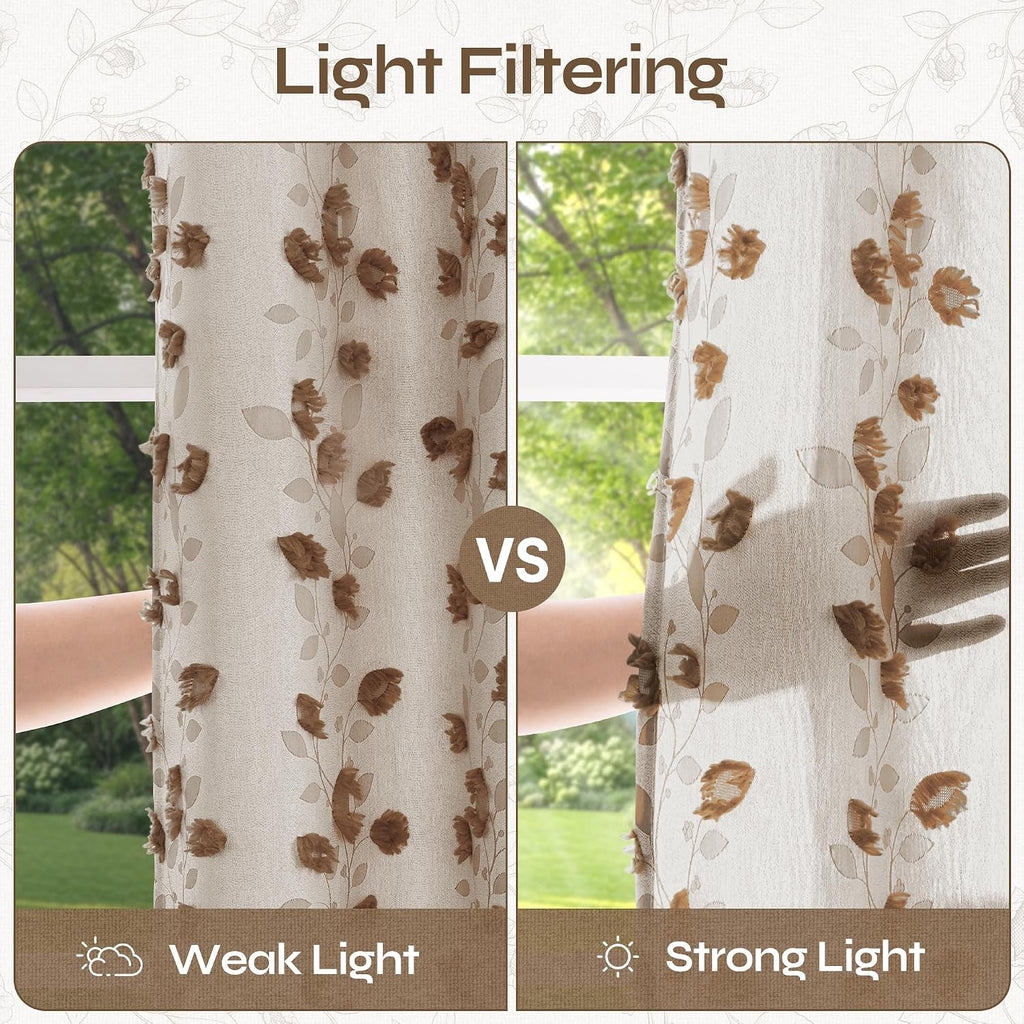 Brown Linen Curtains, Fall Boho Jacquard Leaf Botanical Pattern with Pom Pom Elegant Luxury Soft Farmhouse Vintage