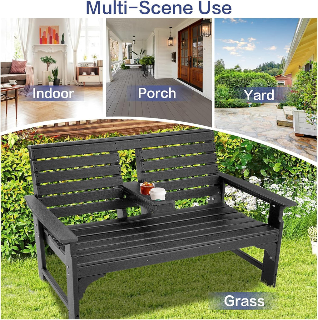 Outdoor Bench, HDPE 2-Person Garden Bench with Cup Holders | Weatherproof Patio Bench with Backrest & Armrests, 700